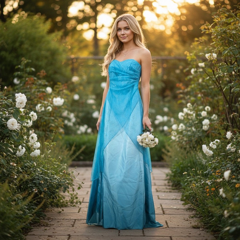 Jump Apparel Formal Gown Women 5/6 Blue Shimmer Mesh Strapless Prom Dress
